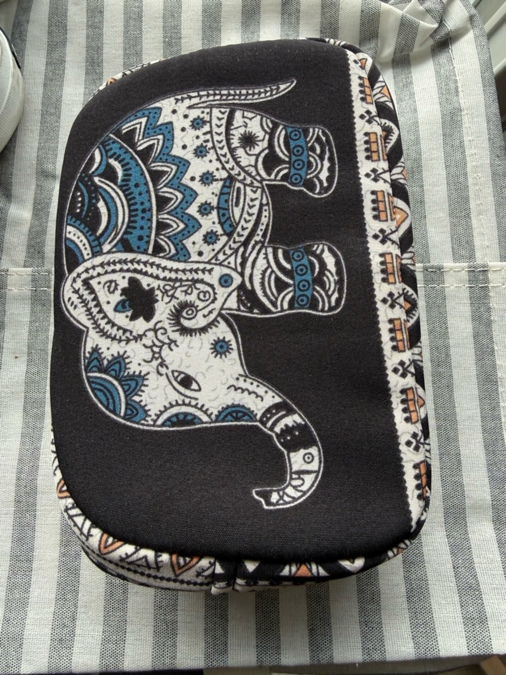 Black Elephant Print Cosmetic Pouch with Blue Accent